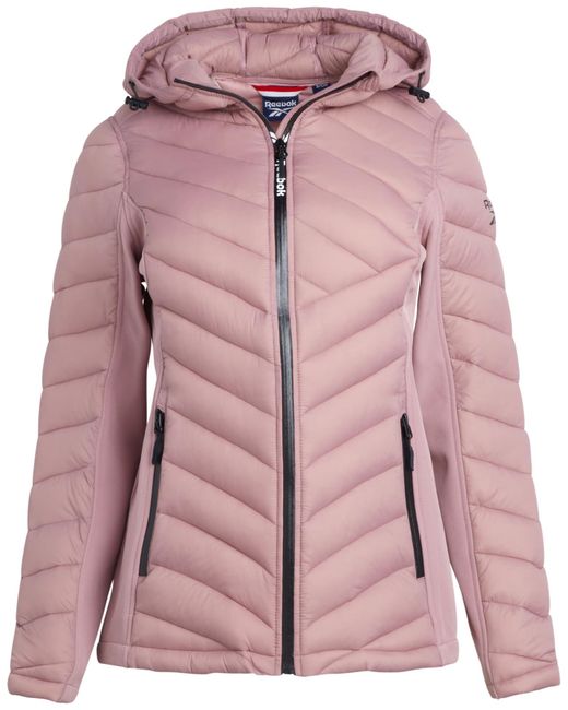 Reebok Pink Lightweight Quilted Puffer Parka Coat With Flex Stretch Panels – Casual Jacket For