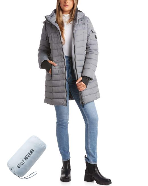 Steve Madden Blue Wintermantel Packbar Lange Länge Gesteppt Puffer Parka tel Hooded Outerwear Jacke für Frauen S-XL