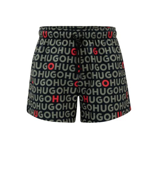 HUGO Black Recycled-material Swim Shorts With Logo Print for men