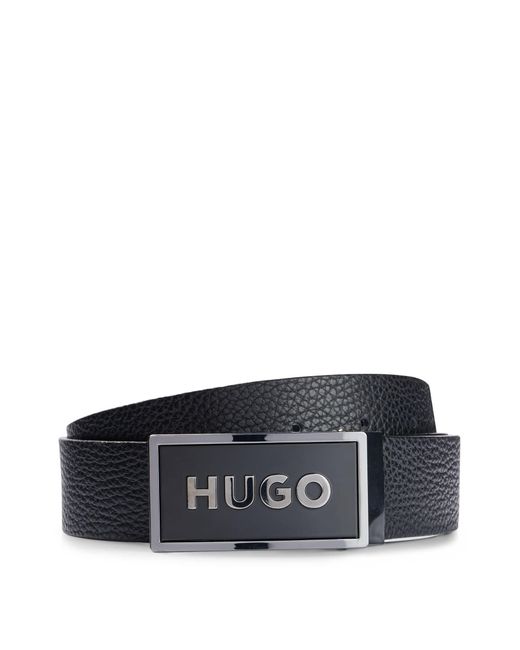 HUGO Black Reversible Belt In Grained Leather With Plaque Buckle for men