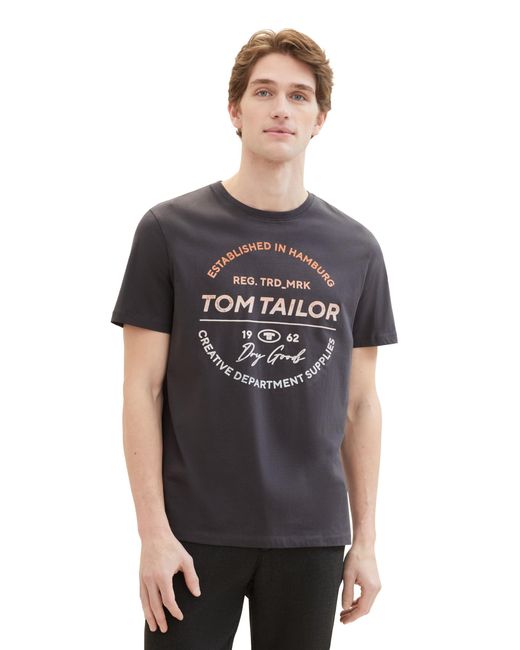 Tom Tailor Basic Crewneck T-Shrt mit Logo-Print aus Baumwolle in Gray für Herren