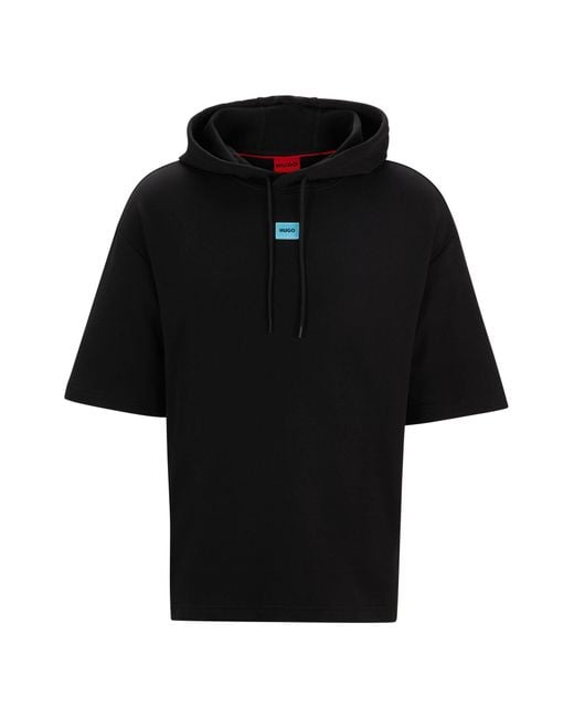 HUGO Black Short-sleeved Relaxed-fit Hoodie In Cotton Terry for men