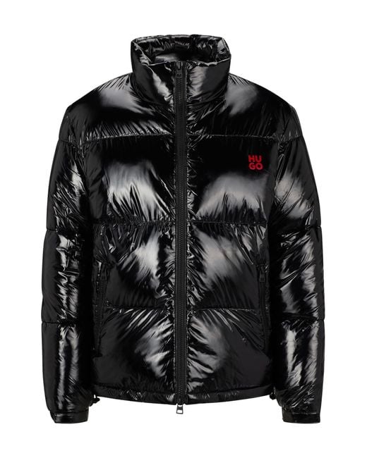 HUGO Black Water-repellent Lacquered Puffer Jacket With Stacked Logos for men