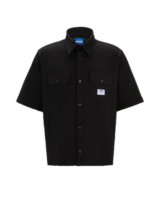 HUGO Black Front Pocket Cotton Twill Short Sleeve Button Down Shirt for men