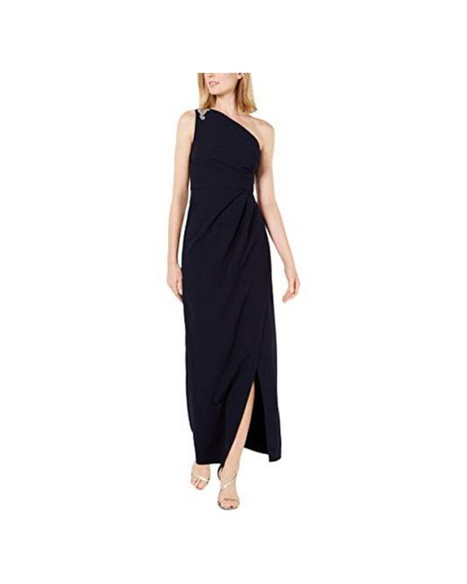 Calvin Klein Blue One Shoulder Gown With Draped Skirt
