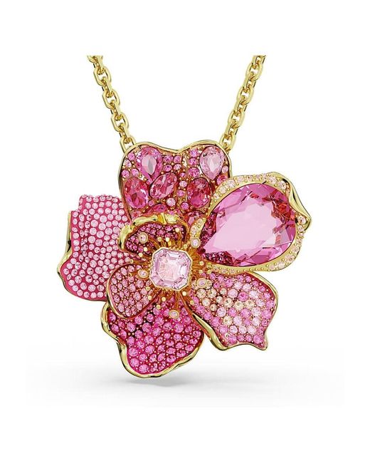 Idyllia Pendentif et Broche Plaqué Or Fleur Pavée Rose Swarovski en coloris Pink