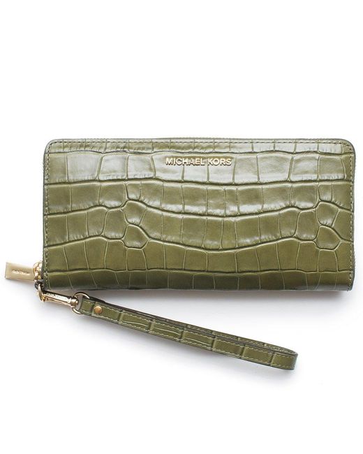 Michael Kors Green Continental Leather Wallet Olive Croco Embossed New