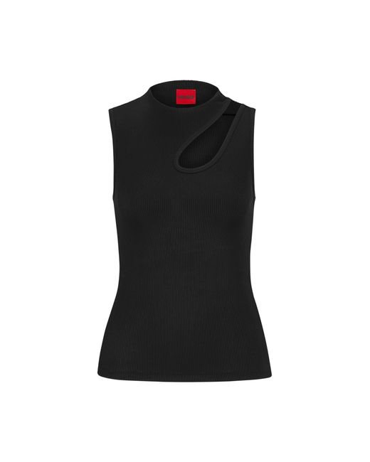 HUGO Black Sleeveless Ribbed Top With Cut-out Detail