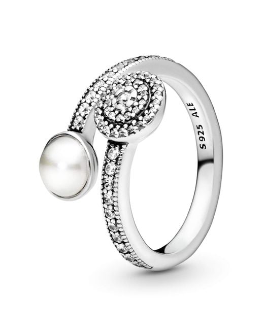 Pandora Metallic Offener Ring Strahlendes Leuchten in silber mit einem Zirkonia und einer Perle am Ende Gr. 54