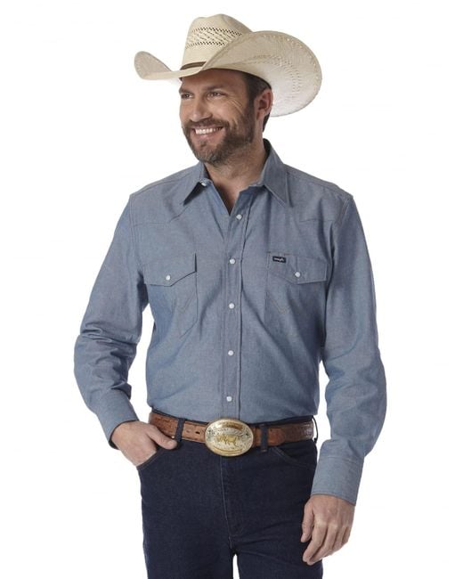 Wrangler Blue Cowboy Cut Western Long Sleeve Snap Work Shirt Firm Finish Shirt for men