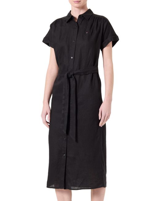 Tommy Hilfiger Ess Linnen Riem S/s Midi Jurk Ww0ww44653 in het Black