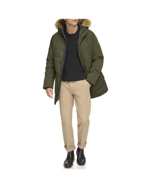 Tommy Hilfiger Green Arctic Cloth Heavyweight Performance Parka Down Alternative Fur Lined Hood Outerwear Coat for men