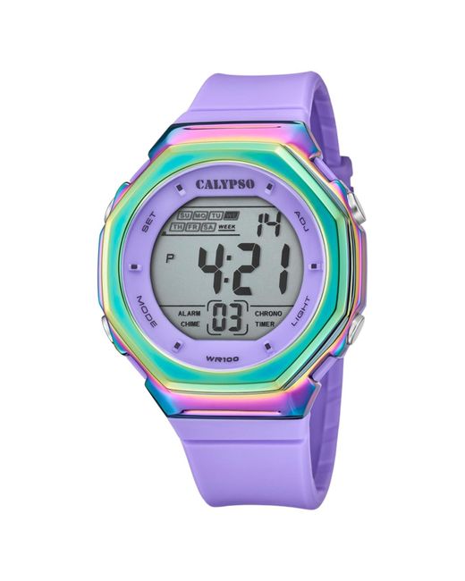 Calypso St. Barth Gray K5842/2 Watch Rubber Plastic 10 Bar Digital Date Light Alarm Timer Purple