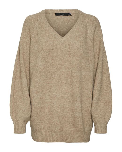 Vero Moda Natural Vmleaf Ls Long V-neck Pullover Ent Knitted Jumper