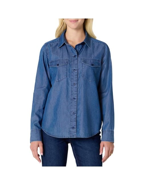 Camicia A iche Lunghe con Bottoni sul Colletto in Tessuto Denim Chambray di Amazon Essentials in Blue