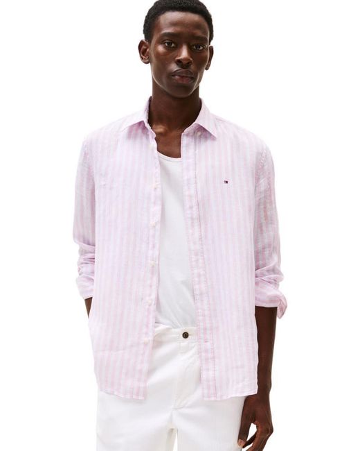 Tommy Hilfiger Pink Long Sleeve Casual Linen Button Down Shirts In Regular Fit for men
