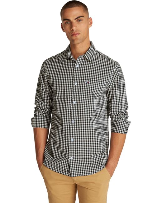 Uomo Camicia Poplin Check iche Lunghe di Tommy Hilfiger in Gray da Uomo