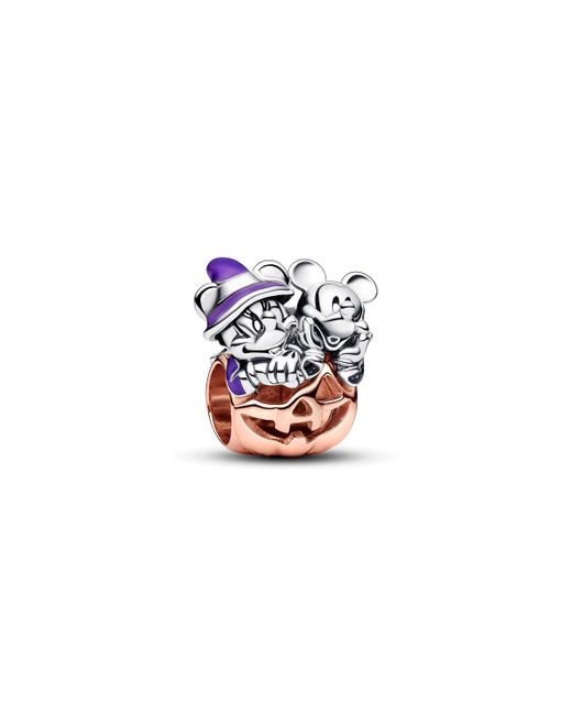 Pandora White Disney Mickey And Minnie Pumpkin Sterling Silver And 14k Rose Gold-plated Charm With Glittery Black