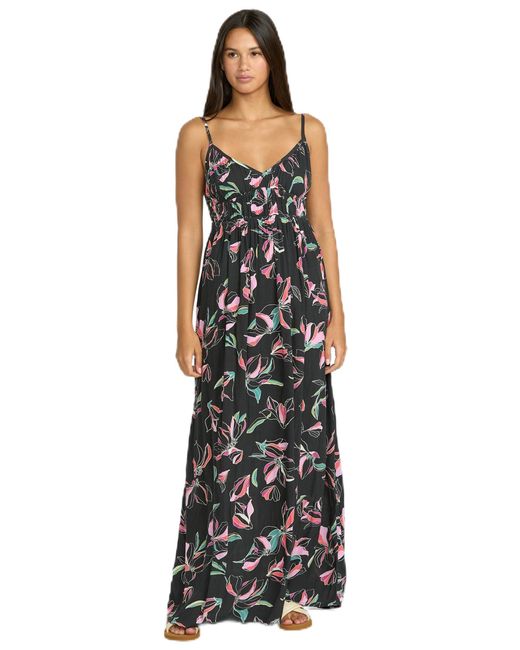 Volcom Black Dream In Bloom Crinkly Viscose Maxi Dress – Adjustable Straps For Effortless Summer