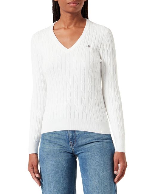 Gant White Stretch Cotton Cable V-neck Sweater