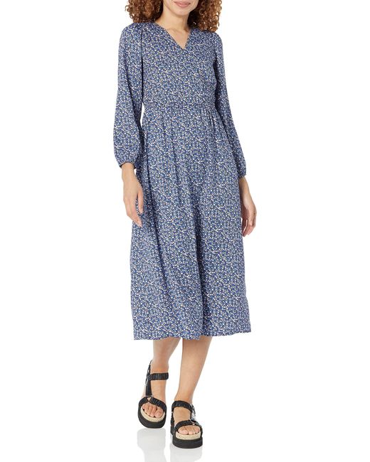 Amazon Essentials Blue Leichtes Georgette-Midikleid mit Langen Ärmeln und V-Ausschnitt