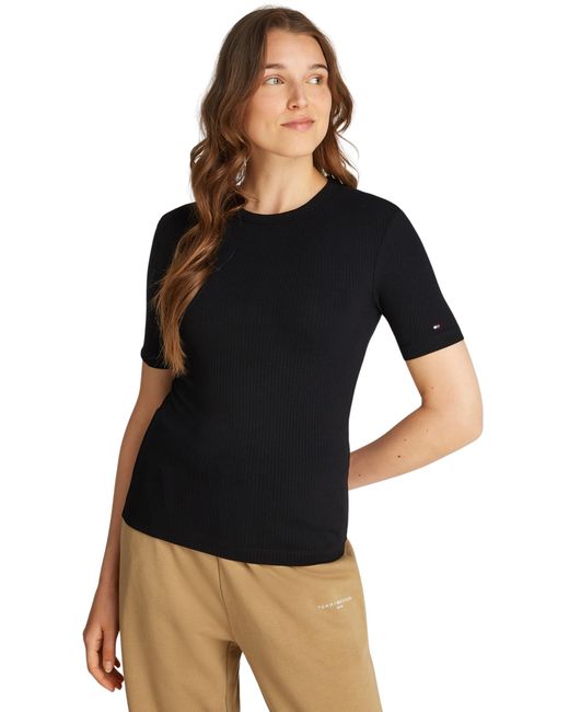 Camiseta de ga Corta Mujer Rib con Cuello Redondo Tommy Hilfiger de color Black
