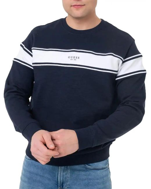 Guess Blue S Inserted Stripe Crew Neck Embroidered Sweatshirt Navy for men