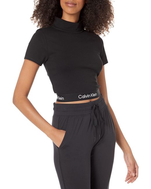 Calvin Klein Black Mock Neck Ponte Short Sleeve Fitted Crop Top Shirt