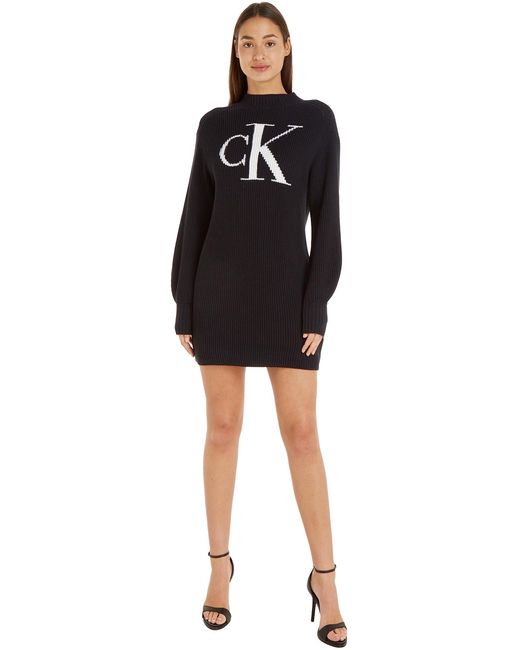 Calvin Klein Black Sweater Dress Intarsia Loose Long Sleeve