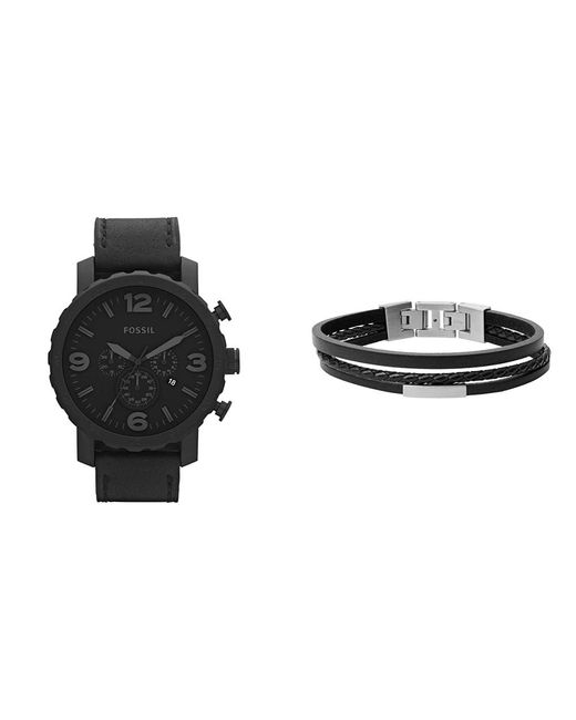Fossil Nate Schwarze Lederuhr und Townsman Armband in Schwarz für