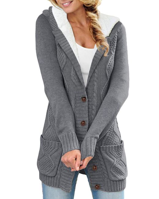 HIKARO Ladies Grey Cardigan Chunky Knit Cardigan Fluffy Hoodie Cardigan  Coat Fleece Sweater Jacket Button Hooded Cardigan For Winter in Grey - Save  9% - Lyst