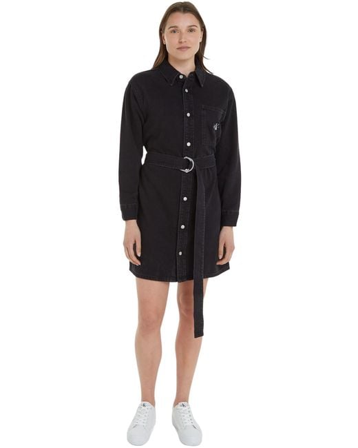 Calvin Klein Black Jeanskleid Belted Utility Denim Shirt Dress Langarm