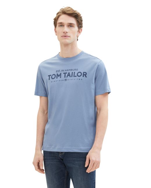 Tom Tailor Basic Crewneck T-Shrt mit Logo-Print aus Baumwolle in Blue für Herren