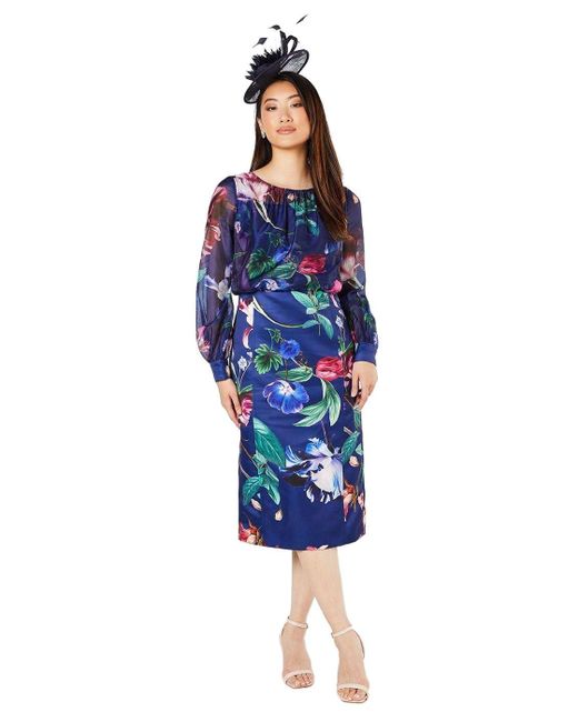 Coast Blue Structured Satin And Chiffon Square Neck Angel Sleeve Pencil Dress