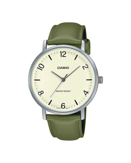 MTP-VT03L-7B Orologio analogico da uomo minimalista con cinturino in pelle verde beige con quadrante concavo a 3 lancette di G-Shock in Green da Uomo