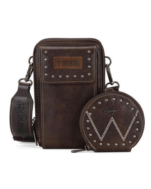 Wrangler Brown Leather Crossbody Bag For Cell Phone Wallet Shoulder Purse With Coin Pouch
