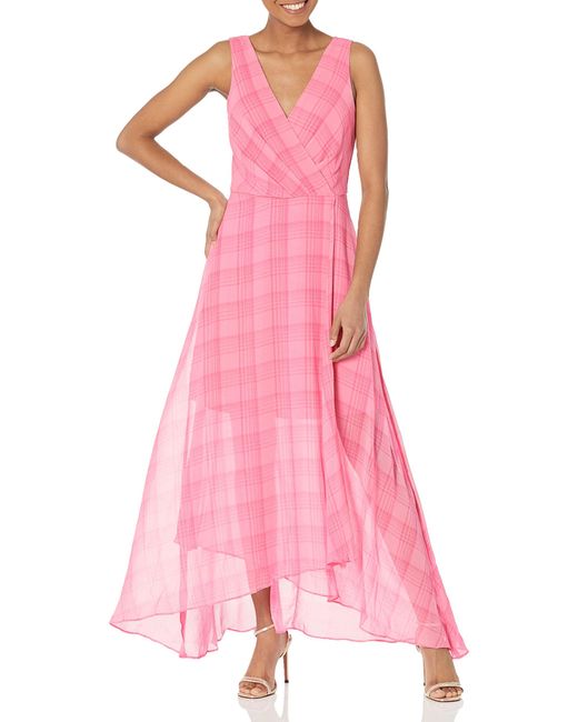 Tommy Hilfiger Pink Sleeveless Phantom Plaid Chiffon Maxi Dress