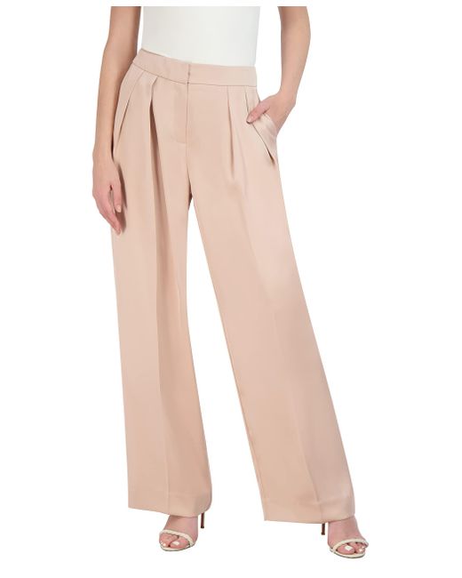 BCBGMAXAZRIA Natural High Waisted Wide Leg Pant Pleated Double Weave Satin Functional Pocket Trouser