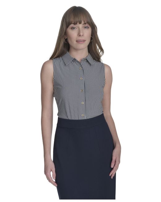 Tommy Hilfiger Blue Classic Collared Button Front Sleeveless-knit Top