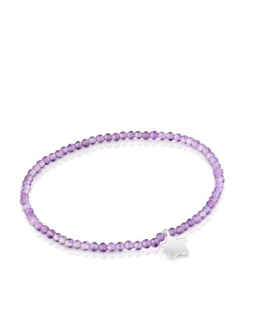 Tous Purple Elastisches Armband mit runden Kugeln aus Amethyst und Sternmotiv aus Sterlingsilber 17 cm lang