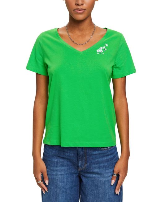 Esprit Edc By T-shirt Met V-hals En Bloemenborduurwerk in het Green