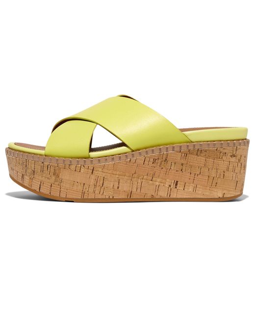 Fitflop Yellow Eloise Leather/cork Wedge Cross Slides Sandal