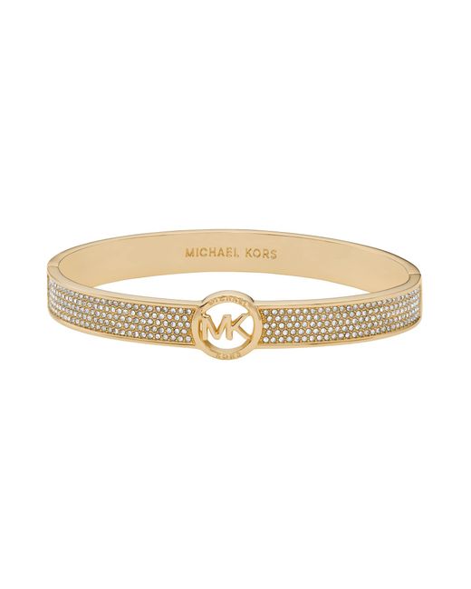 Michael Kors Natural Brass And Pavé Crystal Mk Logo Bangle Bracelet For