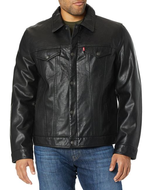 Levi's Black S Smooth Lamb Touch Faux Leather Classic Trucker Jacket Long Sleeve Faux Leather Jackets for men