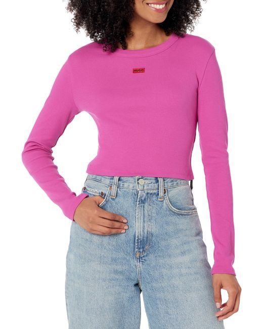HUGO Pink Small Logo Fitted Crop Long Sleeve Shirt