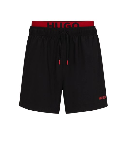 HUGO Black S Flex Logo-print Swim Shorts With Double Waistband for men