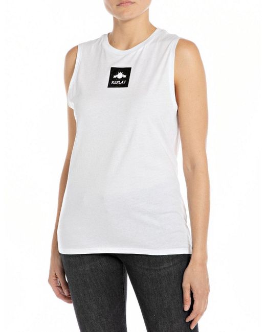 Maglietta bianca con logo senza maniche da donna di Replay in White