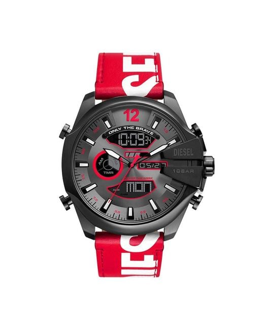 DIESEL Uhr Mega Chief LCD Uhrwerk 51 mm Gehäusegröße mit einem Lederarmband DZ4647 in Red für Herren