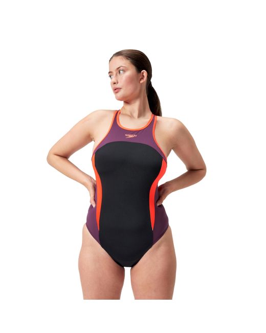 Speedo High Neck Splice Cross Back Swimsuit Swimming Costume With Bust Support Black Red Size Uk 42