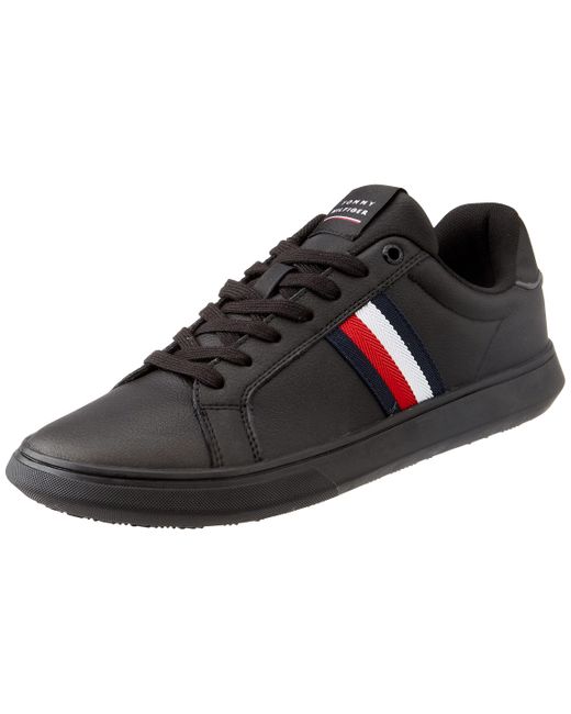 Tommy Hilfiger Black Corporate Leather Cup Stripes Cupsole Trainers for men